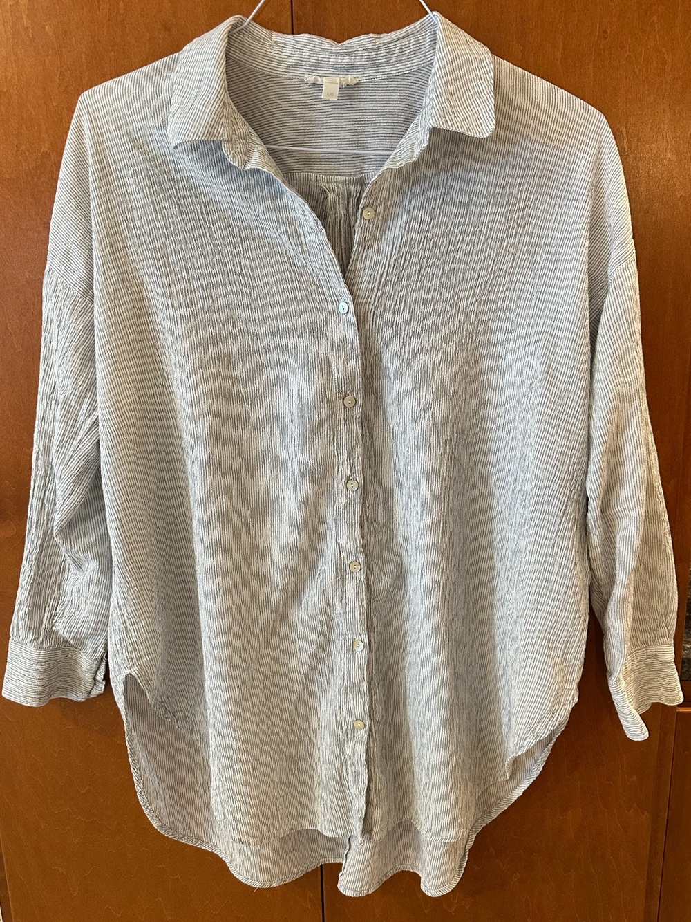 Eileen Fisher Organic Cotton/Tencel Texture Pinstripe Button Down Shirt Size L